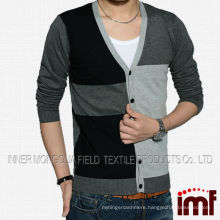 Korean Style Checked Color Block Pure Wool Sweater Cardigan For Men